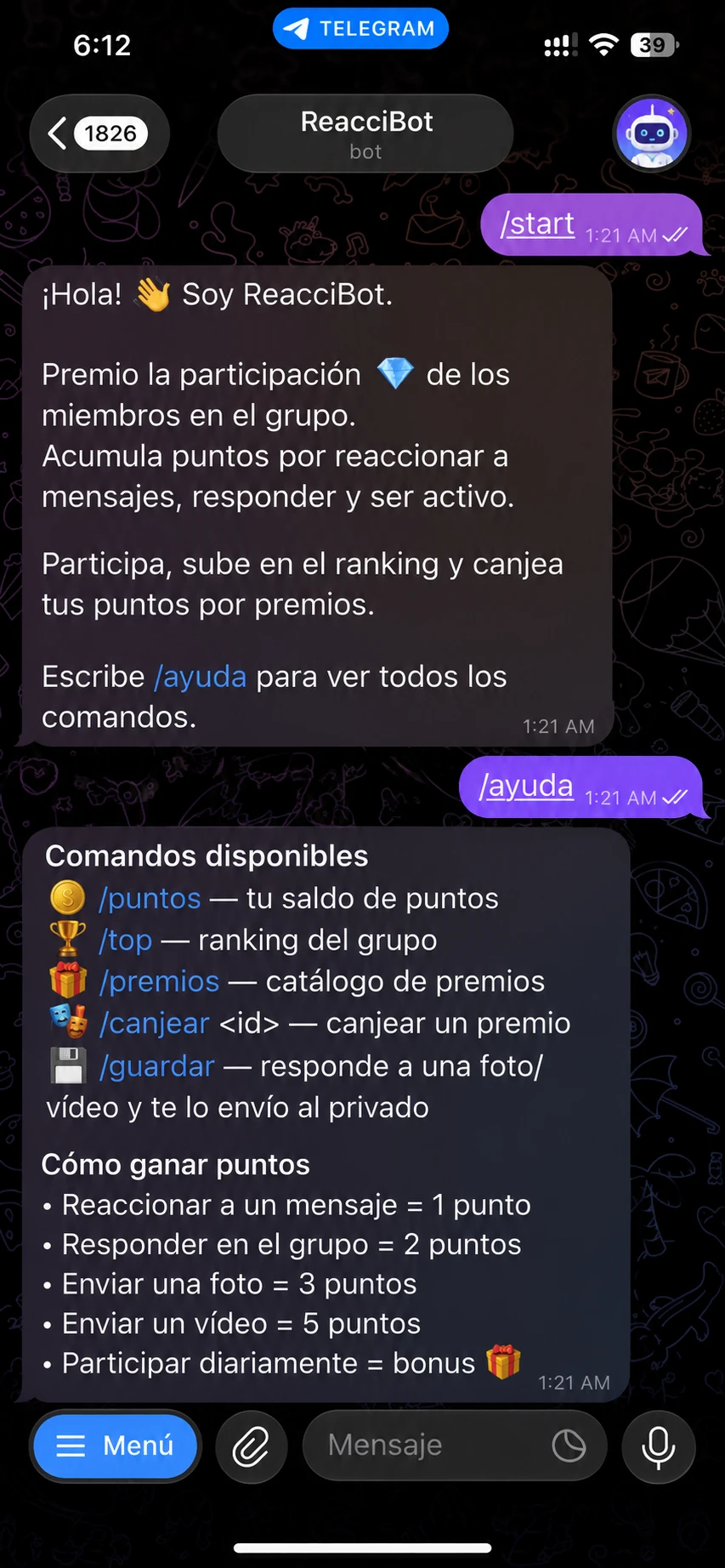 ReacciBot en Telegram: puntos por participación, ranking y canje de premios