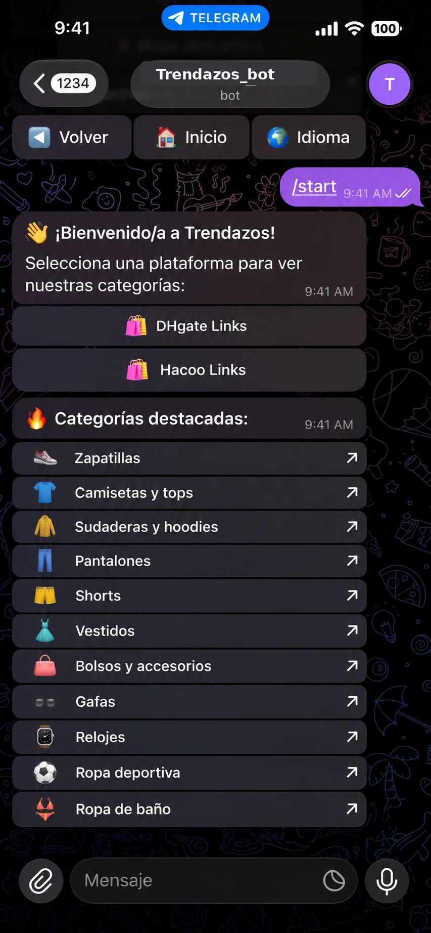 Trendazos_bot en Telegram: catálogo de productos por categorías con selector de idioma