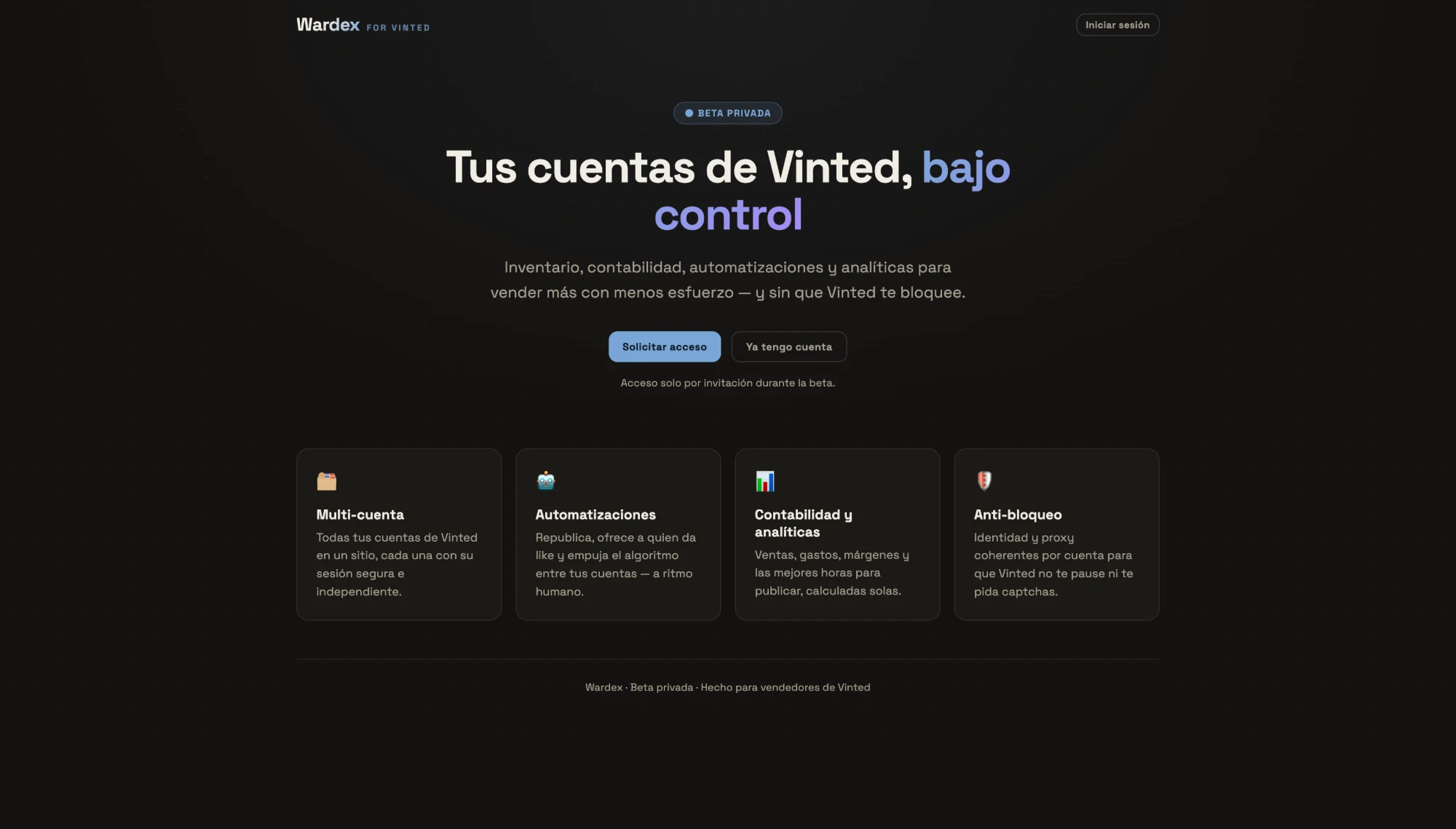 Inicio de Wardex: multi-cuenta, automatizaciones, contabilidad y analíticas, y anti-bloqueo